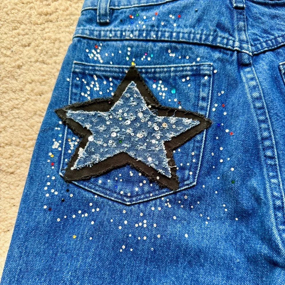 Rolla’s Upcycled Rhinestone Star Denim Bermuda Shorts Festival Boho Sparkle S